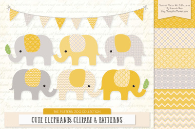 Pattern Zoo Vector Elephants Clipart &amp; Digital Papers in Sunshine