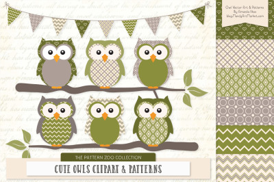 Pattern Zoo Vector Owls Clipart &amp; Digital Papers in Avocado
