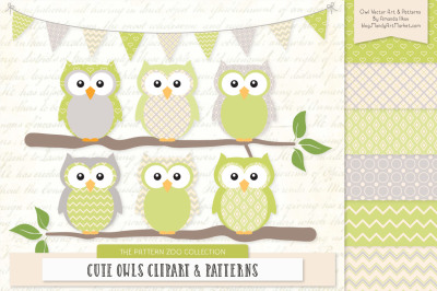 Pattern Zoo Vector Owls Clipart &amp; Digital Papers in Bamboo