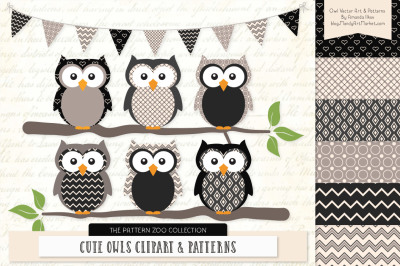 Pattern Zoo Vector Owls Clipart &amp; Digital Papers in Black