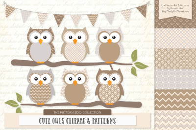 Pattern Zoo Vector Owls Clipart &amp; Digital Papers in Champagne