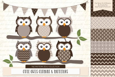 Pattern Zoo Vector Owls Clipart & Digital Papers in Chocolate