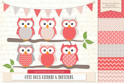 Pattern Zoo Vector Owls Clipart & Digital Papers in Coral