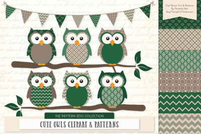Pattern Zoo Vector Owls Clipart &amp; Digital Papers in Emerald