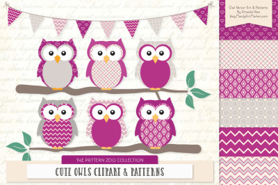 Pattern Zoo Vector Owls Clipart &amp; Digital Papers in Fuchsia