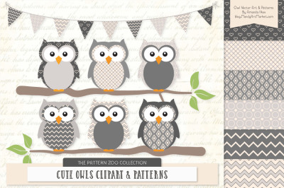 Pattern Zoo Vector Owls Clipart &amp; Digital Papers in Grey
