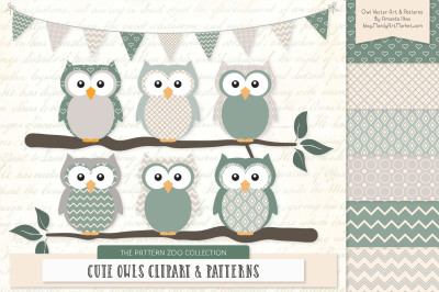 Pattern Zoo Vector Owls Clipart & Digital Papers in Hemlock
