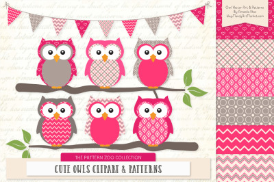 Pattern Zoo Vector Owls Clipart &amp; Digital Papers in Hot Pink