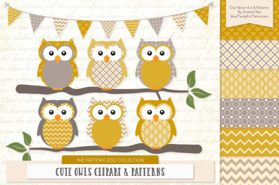 Pattern Zoo Vector Owls Clipart & Digital Papers in Mustard