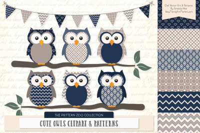 Pattern Zoo Vector Owls Clipart &amp; Digital Papers in Navy