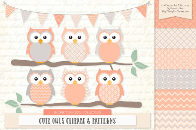 Pattern Zoo Vector Owls Clipart &amp; Digital Papers in Peach