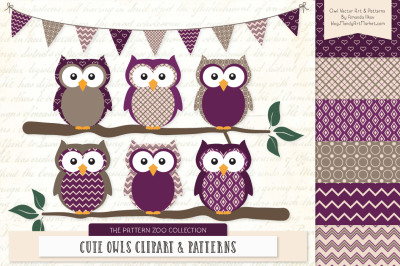 Pattern Zoo Vector Owls Clipart &amp; Digital Papers in Plum