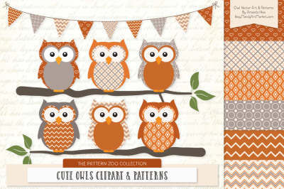 Pattern Zoo Vector Owls Clipart &amp; Digital Papers in Pumpkin