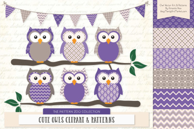 Pattern Zoo Vector Owls Clipart &amp; Digital Papers in Purple