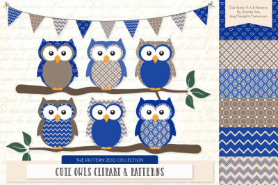 Pattern Zoo Vector Owls Clipart &amp; Digital Papers in Royal Blue