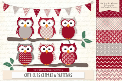 Pattern Zoo Vector Owls Clipart &amp; Digital Papers in Ruby