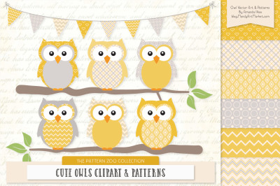 Pattern Zoo Vector Owls Clipart &amp; Digital Papers in Sunshine