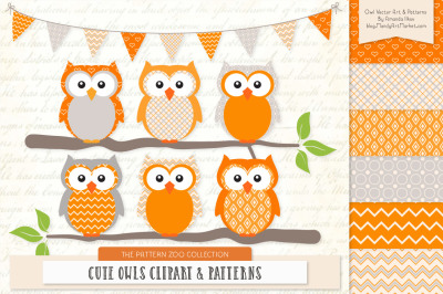 Pattern Zoo Vector Owls Clipart &amp; Digital Papers in Tangerine