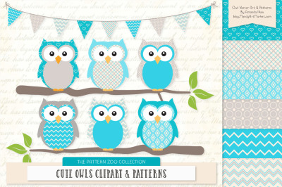 Pattern Zoo Vector Owls Clipart &amp; Digital Papers in Tropical Blue
