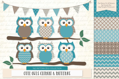 Pattern Zoo Vector Owls Clipart &amp; Digital Papers in Vintage Blue