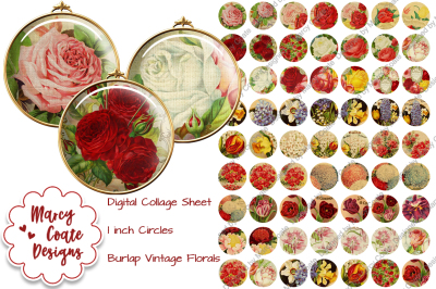 Digital Collage Sheet 1 inch circles Burlap Vintage Floral cabochons for jewelry making, ATC, scrapbooking, etc.