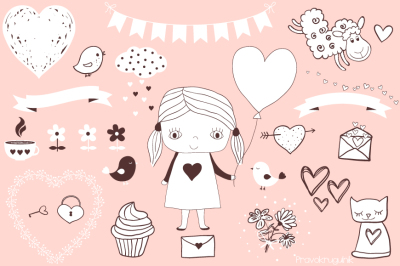 Cute Valentine clipart set, Love clip art, Kawaii clipart, Birthday design elements