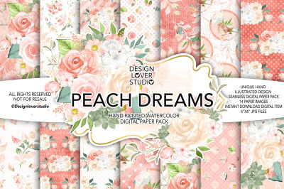 Watercolor Peach Dreams digital paper pack