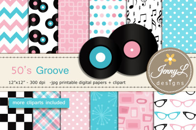 50's Diner Rock Roll Digital Paper and Cliparts