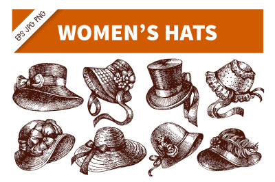 Hand Drawn Vintage Women's Hats Vector Set