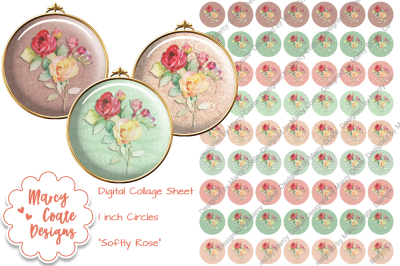 Digital Collage Sheet 1 inch circles Softly Rose shabby chic cabochons for jewelry making, ATC, scrapbooking, etc.