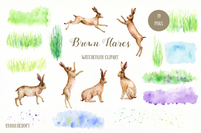 Watercolor Clipart Brown Hares