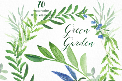 Green garden. Watercolor clip art collection.