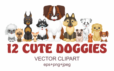 12   cute doggies. Vector clipart.