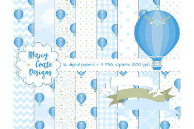 Blue Hot Air Balloon digital papers &amp; clipart for planners, stickers, scrapbooking, card making, etc.
