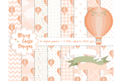Peach Hot Air Balloon digital papers &amp; clipart for planners, stickers, scrapbooking, card making, etc.