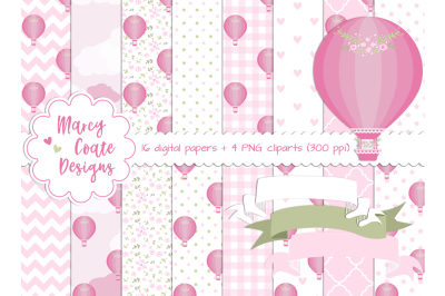 Pink Hot Air Balloon digital papers &amp; clipart for planners, stickers, scrapbooking, card making, etc.