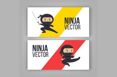 Set of ninja characters showing different actions. Serious ninja with sword. Flat style vector banner.