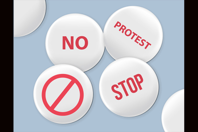 Blank white badges. Protest signs. Vector realistic illustration. Realistic mockup.