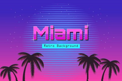 80s Retro Neon gradient background. Palms and sun. Tv glitch effect. Sci-fi Miami beach.