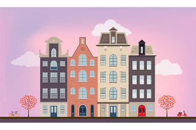 Urban european houses in different architectural styles and colors. 