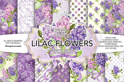 Watercolor LILAC FLOWERS digital paper pack