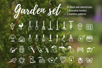 Garden tools. Icons and patterns