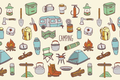 Hand drawn camping icons and pattern