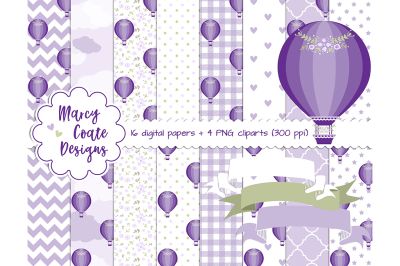 Purple Hot Air Balloon digital papers &amp; clipart for planners, stickers, scrapbooking, card making, etc.