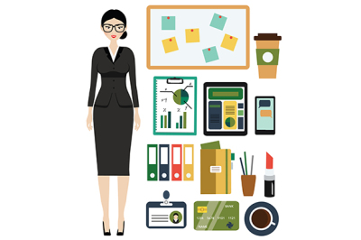 Business Woman kit. Female in business outfit, office clothes and stuff