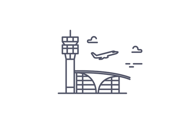 Airport building and airplane. Vector line icon