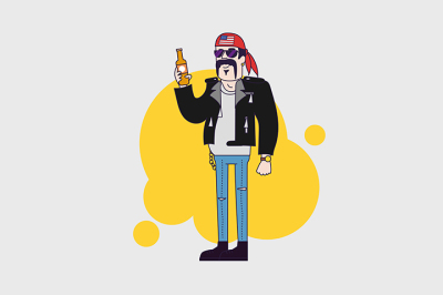 Biker character in sunglasses and leather jacket with beer bottle. Linear flat design.