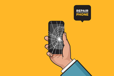 Smartphone with a cracked screen in a man's hand. Broken phone. Crack on screen. Vector illustration. Pop art style.