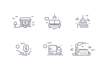 Different buildings icon set for real estate agency. Property collection. Thin line design. Flat style.