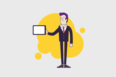 Vector businessman character holding tablet. Linear flat design.